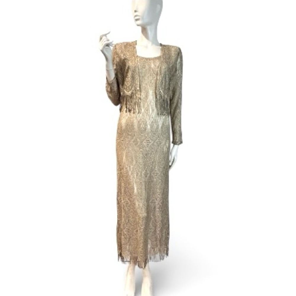 Vintage 80s Vampy Gold Metallic Lace-Knit Fringed Maxi Sheath and Jacket